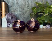 Purple Deity Candleholder Set | Crystal Moon & Sun Copper Wire Charm Tealight Holders — Witchy Altar Gift