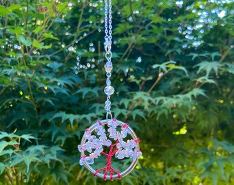 Clear Quartz Tree of Life Charm for Strength and Grounding,  Tree of Life Window Hanging, Beaded Crystal Purse Charm, Rear View Mirror Decor