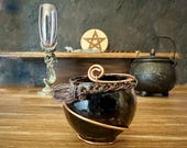 Black Spell Candleholder with Obsidian accented Copper Broomstick – For Banishing, Cord Cutting & Shadow Work. Witchy Ritual Decor Supplies