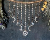 Moon Phases Crystal Beaded Curtain | Clear Quartz & Smoky Quartz Witchy Wall Hanging — Crystal Lover Gift