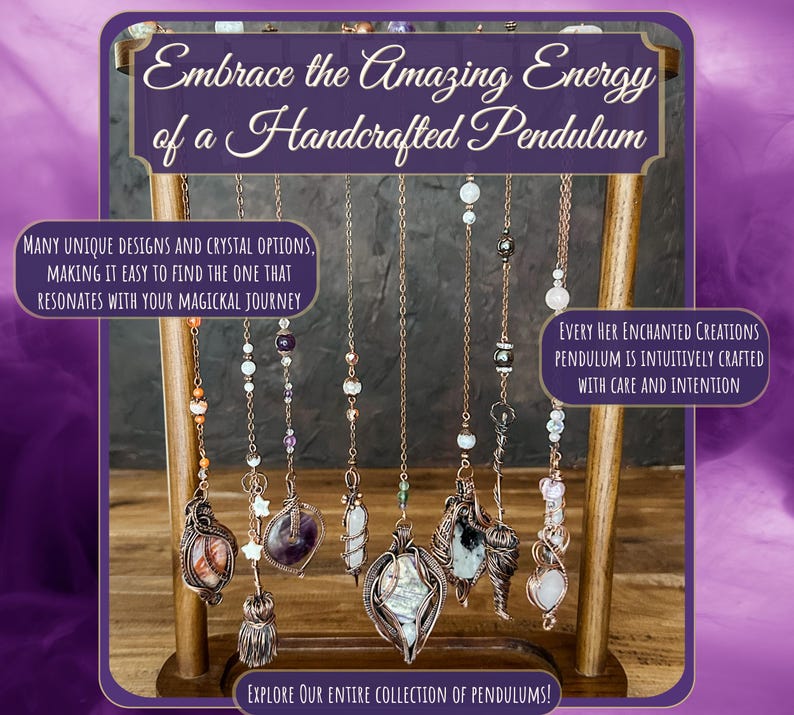 May include: A wooden stand with a variety of handcrafted pendulums with different crystal and gemstone options. The pendulums are made with copper wire and feature various crystals, including amethyst, agate, and clear quartz. The stand is decorated with a purple and white background.
