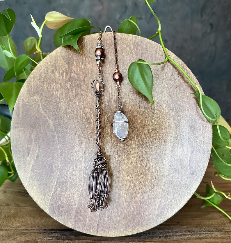 Handcrafted Copper Wire Witch Broomstick Pendulum with Clear Quartz Crystal - Spiritual Tool for Divination, Dowsing, and Energy Healing image 2