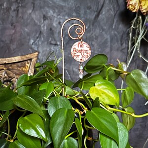 Puede incluir: Una estaca de planta de cobre con un encanto redondo que dice "Te estoy animando". El encanto est&aacute; unido a un cristal transparente. La estaca est&aacute; en una maceta de plantas verdes.