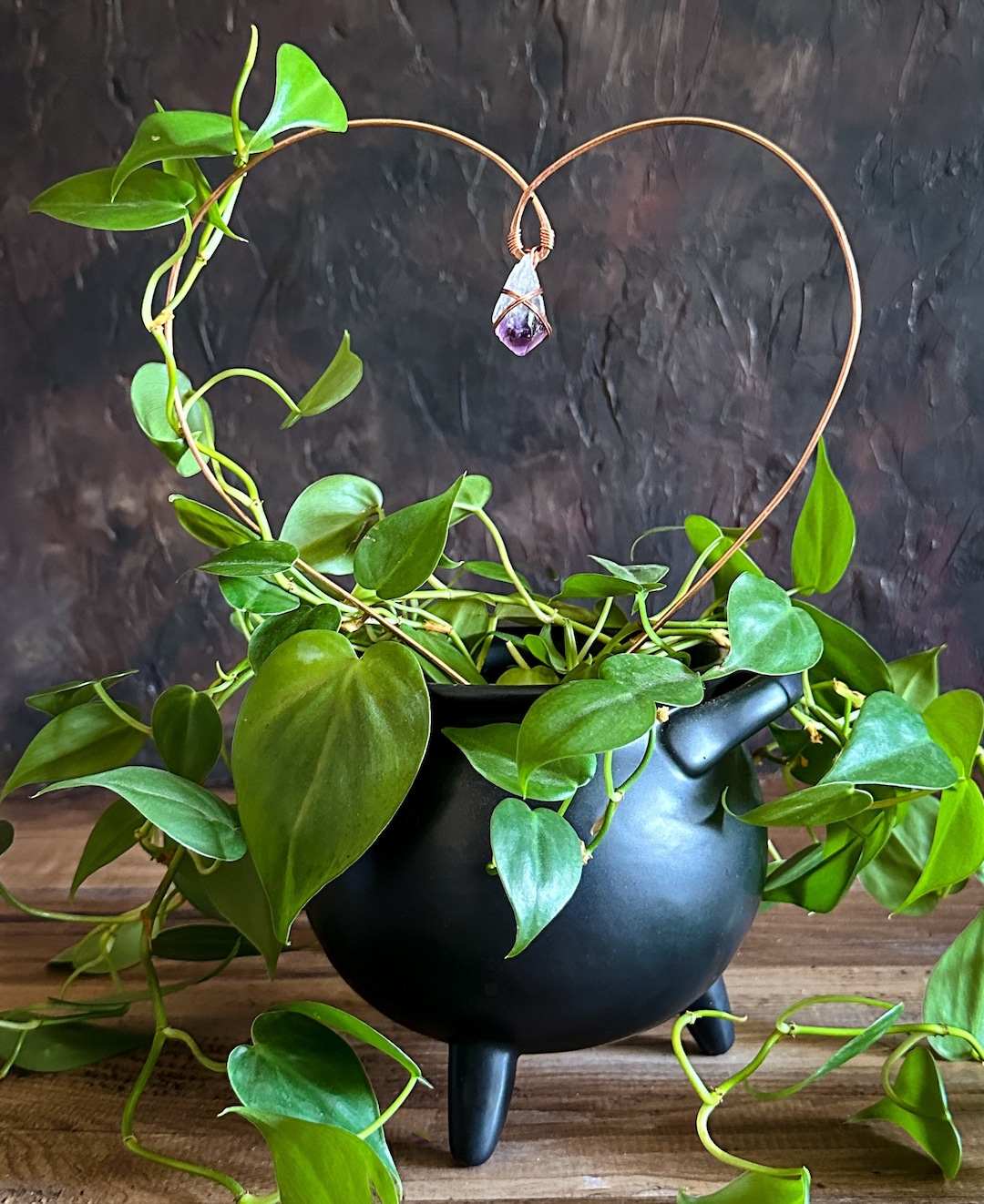 Copper Heart Plant Trellis, Amethyst Gemstone for Peace & Inner