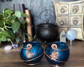 Turquoise Deity Candleholder Set | Crystal Moon & Sun Copper Wire Charm Tealight Holders — Witchy Altar Gift