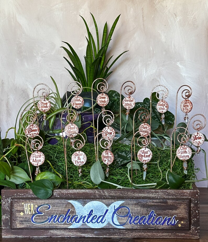 Puede incluir: Una caja de madera con las palabras "Her Enchanted Creations" pintadas en la parte delantera. La caja est&aacute; llena de plantas verdes y 14 peque&ntilde;os marcadores de plantas de metal con diferentes lemas. Los lemas incluyen "Plant Mom", "Green Witch", "Grow & Thrive" y "One With Nature".