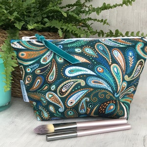 Make-up bag, Dark Emerald, Peacock Feather, Lewis and Irene Soraya, 100% cotton, Fully Lined, Made in UK, Free P&P