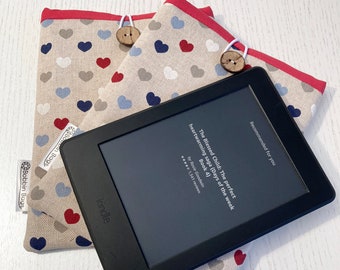 Hearts Kindle Case: Padded Cotton Fabric eReader Cover with Button Closure that Fits Most Amazon Kindle Models. Valentines Gift Idea