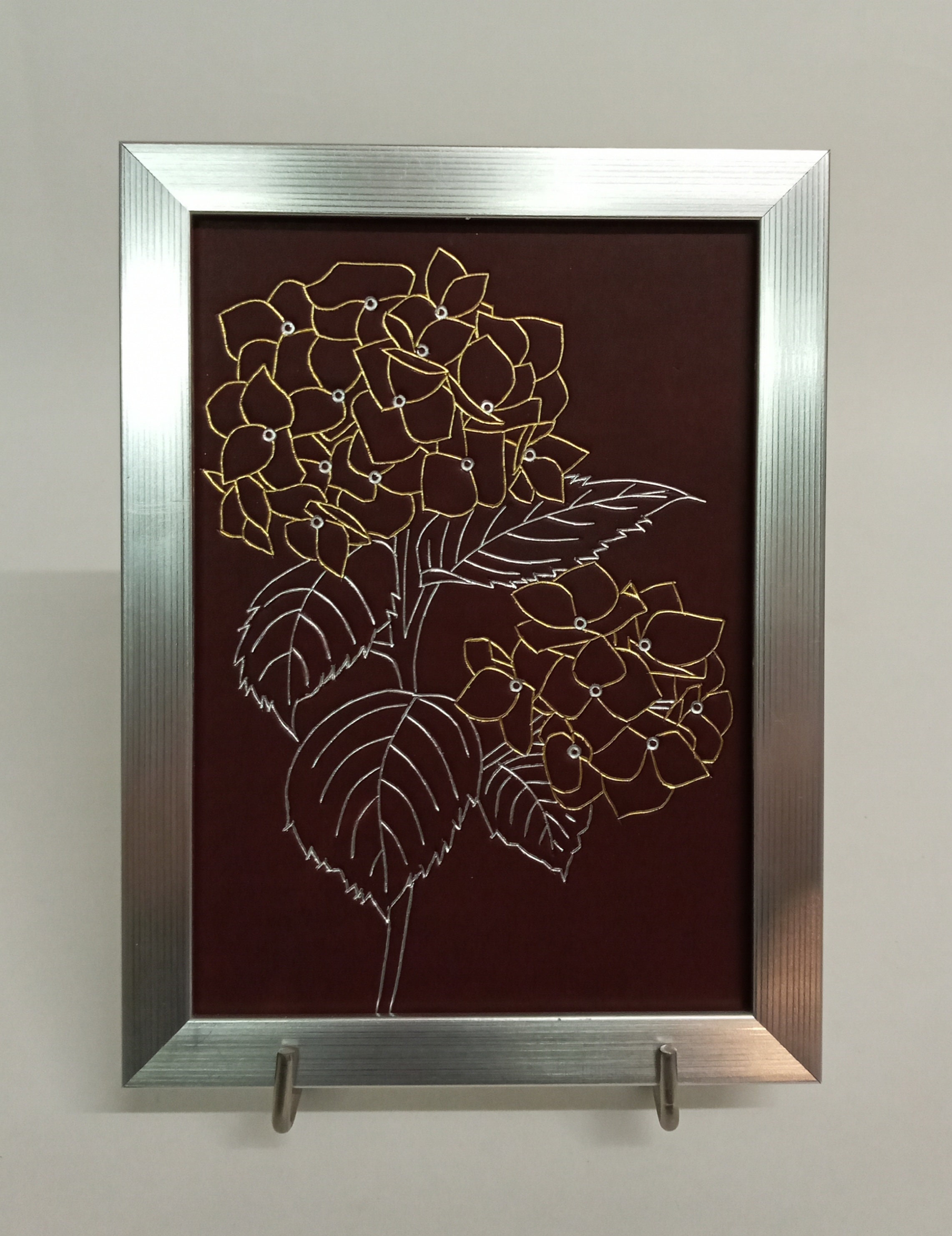 Tableau en Cuir Doré à Chaud, L'hortensia Violet