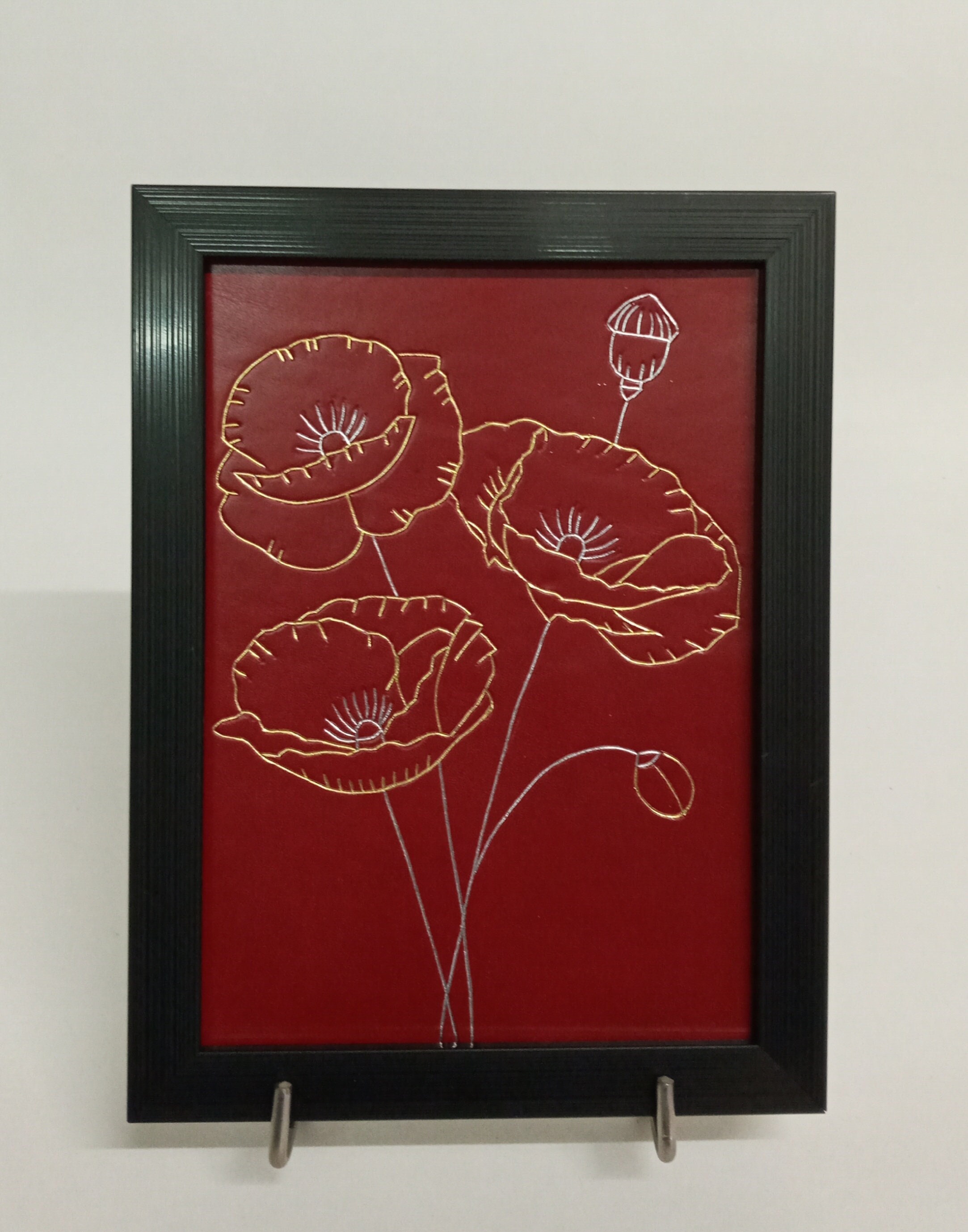 Tableau en Cuir Doré à Chaud, Le Bouquet de Coquelicots