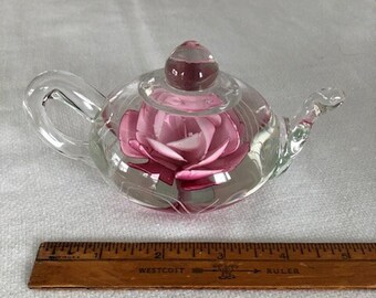 Glass Teapot Paperweight - Pink Rose