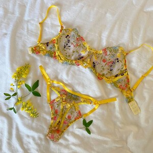 Yellow Sheer Lingerie, See Through Lingerie Set, Floral Print Lingerie