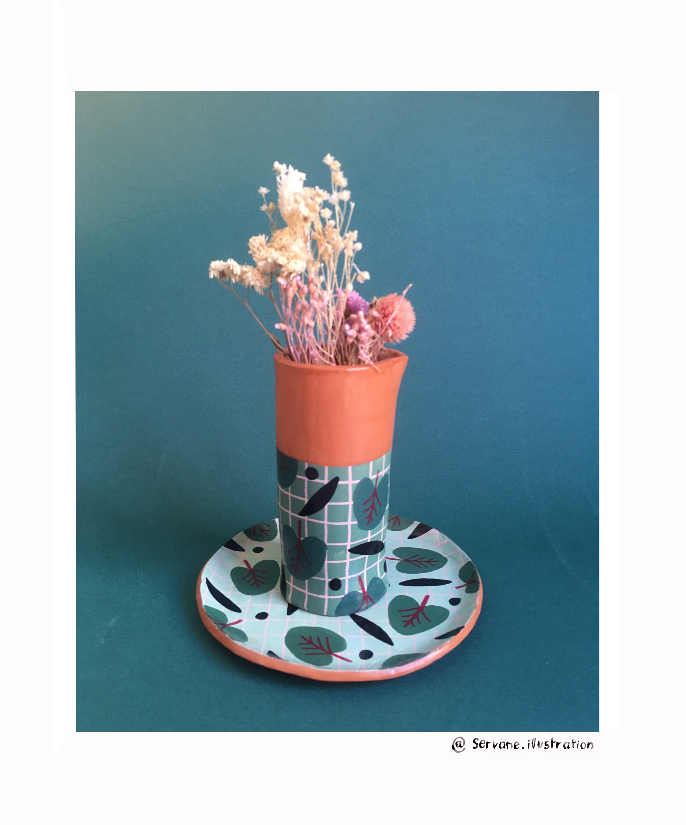 Lot Vase et Coupelle en Argile Fait-Main | Motif Feuille Verte