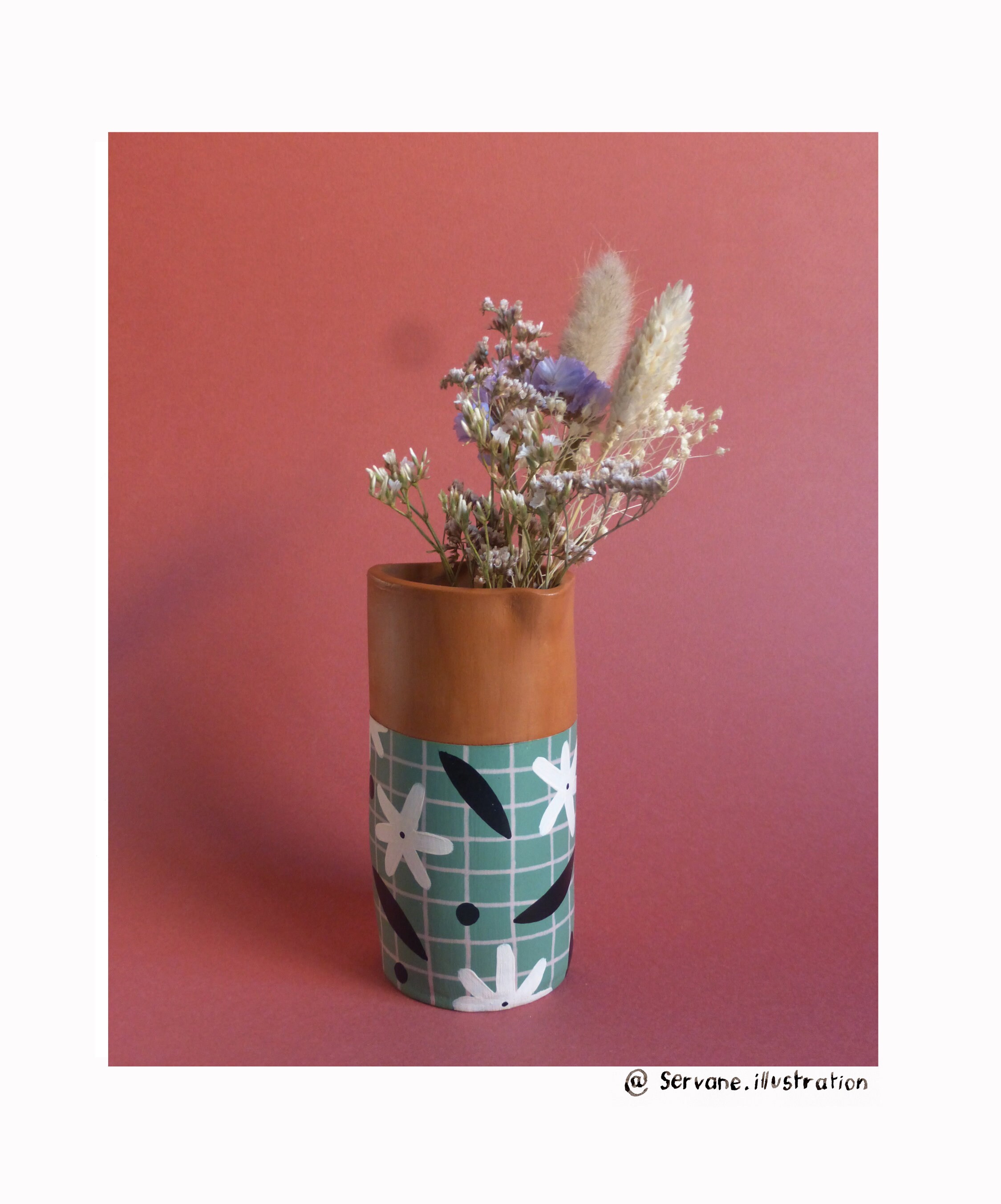Vase en Argile Vert Motif Fleurs