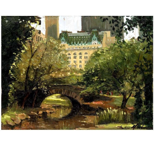 Impresión Giclée de Central Park: Pintura al óleo de paisaje de verano