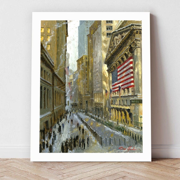New York, Wall Street, Stock Exchange, New York Prints, Impressionism, New York Painting, Large Canvas, Cityscape, Street Scene