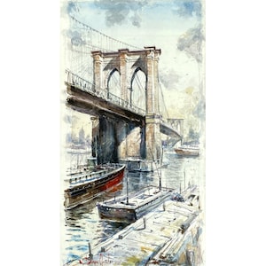 New York Print of Watercolor Painting, Brooklyn Bridge New York Art Large Canvas Cityscape Street Scene New York Print Large Modern Wall Art