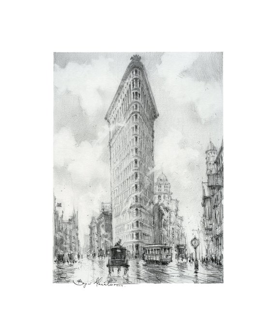 New York Print Of Pencil Drawing Flatiron Building New York Etsy