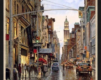 May include: A painting of a city street scene in New York City. The street is wet from rain and there are cars driving down the street. The buildings are tall and have many windows. The sky is cloudy and gray. The painting is done in a realistic style.