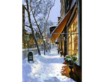 Art Print of Original Oil Painting - Footprints, Large Canvas, Cityscape, Winter Snow Scene, Oil Painting, Large Wall Art, Street Scene