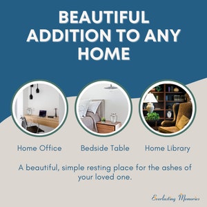 May include: Three images showing a silver cremation urn in different home settings: a home office, a bedside table, and a home library. The text reads "Beautiful addition to any home. A beautiful, simple resting place for the ashes of your loved one."
