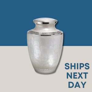 May include: White ceramic urn with a silver lid and a silver band around the middle. The urn has a textured, pearlescent finish.