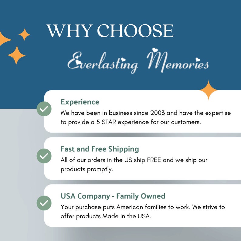 May include: A blue and white graphic with the text "WHY CHOOSE Everlasting Memories" and three checkmarks with text describing the company's experience, fast and free shipping, and being a USA company owned by a family.