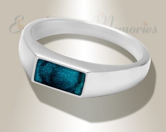 Desoto Men’s Pet Ashes Ring with Aqua Inlay, Sterling Silver Memorial Jewelry