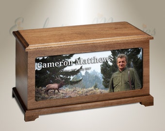 Urna de cremación fotográfica EVR Memories Forest Elk personalizada con imagen y texto personalizados, fabricada en Montana, Estados Unidos, urna de madera para cenizas