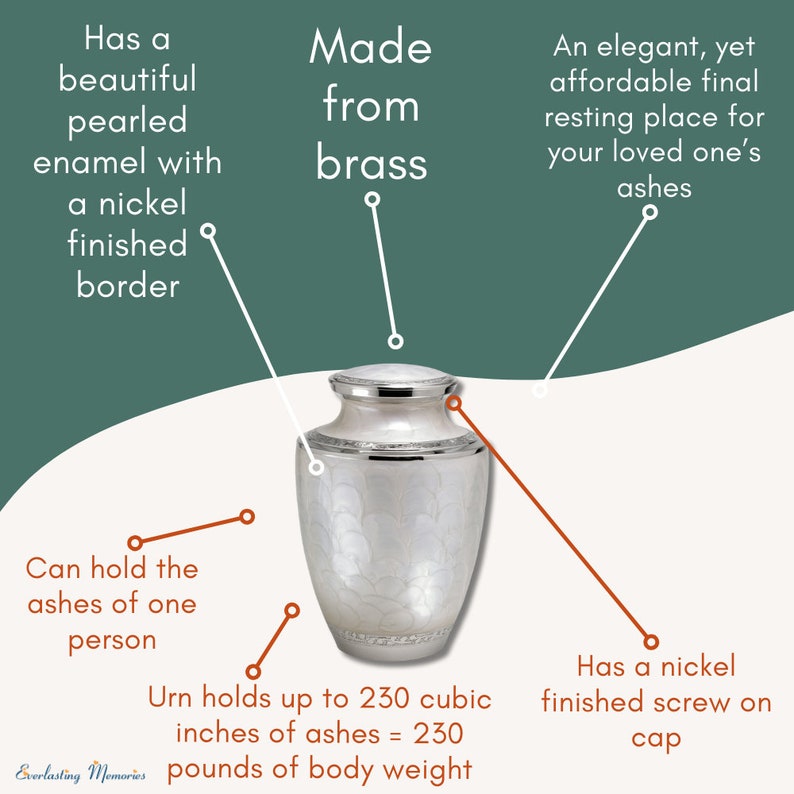 May include: A white brass cremation urn with a pearlescent finish and a nickel border. The urn holds up to 230 cubic inches of ashes, which is equivalent to 230 pounds of body weight. The urn has a nickel finished screw on cap.