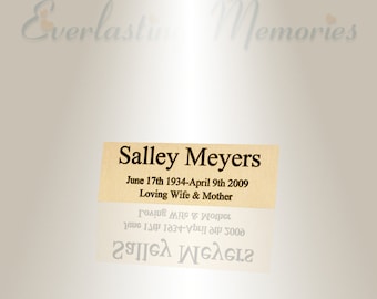 Puede incluir: Una placa rectangular beige con texto negro que dice "Salley Meyers June 17th 1934-April 9th 2009 Loving Wife & Mother".