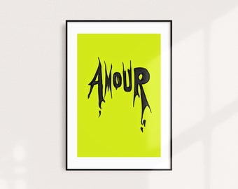 AMOUR: A3 Acid Art, Neon Wall Art, Neon Lettering, Punk Wall Art, Cool Wall Decor, Boudoir Art, Sexy Wall Art, Electro Art, Glitch