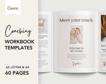 May include: A coaching workbook template with a beige background and a photo of a woman wearing a white dress and a straw hat. The text "Meet your coach" and "Welcome to my course" is featured on the page. The workbook is 60 pages and is available in US Letter and A4 sizes.