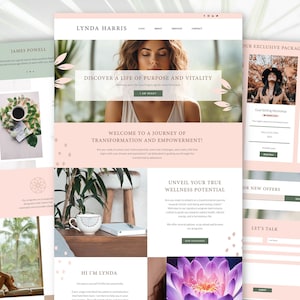Pode incluir: Uma p&aacute;gina inicial de um site para um treinador de bem-estar, Lynda Harris, com um esquema de cores rosa e verde com imagens de flores, plantas e uma mulher meditando. O texto "Discover a Life of Purpose and Vitality" &eacute; exibido de forma proeminente. O site oferece servi&ccedil;os como workshops de defini&ccedil;&atilde;o de metas e semin&aacute;rios de gerenciamento de tempo.