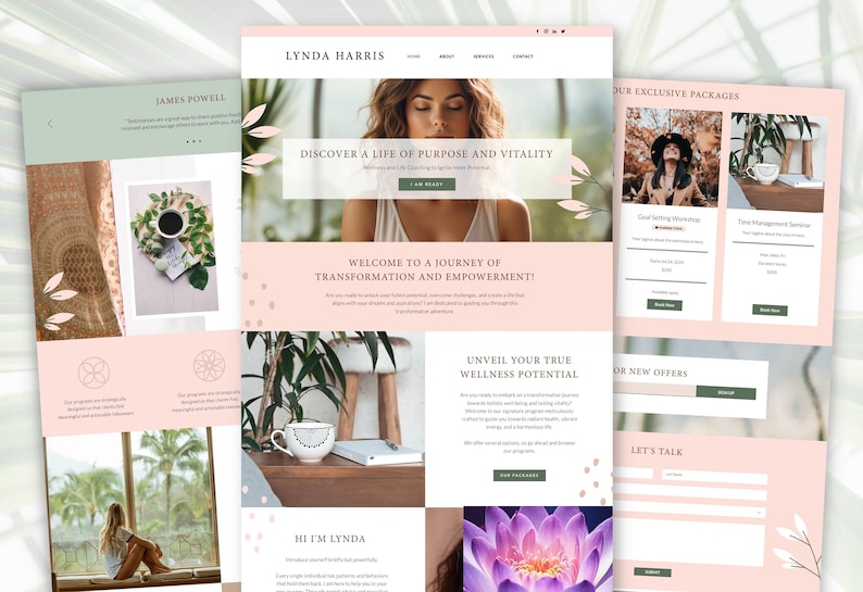 Pode incluir: Uma p&aacute;gina inicial de um site para um treinador de bem-estar, Lynda Harris, com um esquema de cores rosa e verde com imagens de flores, plantas e uma mulher meditando. O texto "Discover a Life of Purpose and Vitality" &eacute; exibido de forma proeminente. O site oferece servi&ccedil;os como workshops de defini&ccedil;&atilde;o de metas e semin&aacute;rios de gerenciamento de tempo.