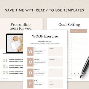 May include: A printable goal setting worksheet with a checklist and a section for action steps. The worksheet includes a WOOP exercise with sections for Wish, Outcome, Obstacle, and Plan. The worksheet is designed to help users set realistic goals and achieve their desired outcomes faster.