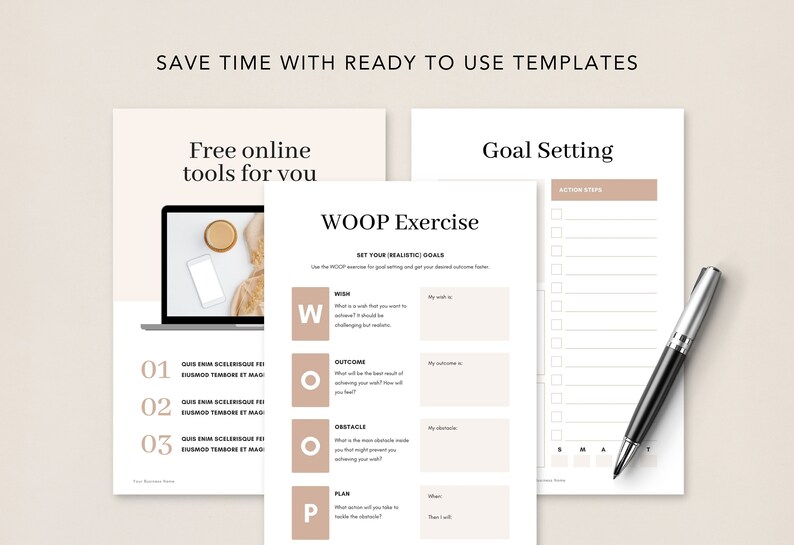 May include: A printable goal setting worksheet with a checklist and a section for action steps. The worksheet includes a WOOP exercise with sections for Wish, Outcome, Obstacle, and Plan. The worksheet is designed to help users set realistic goals and achieve their desired outcomes faster.