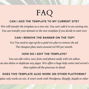 Pode incluir: Uma p&aacute;gina de perguntas frequentes rosa e branca com texto que responde a perguntas sobre um modelo de site Wix. O texto inclui perguntas como "Posso adicionar o modelo ao meu site atual?" e "Como edito o modelo?"