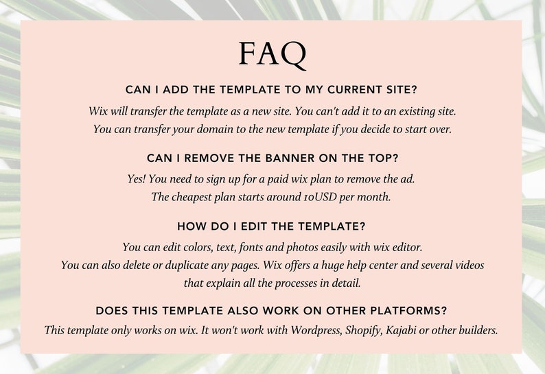 Pode incluir: Uma p&aacute;gina de perguntas frequentes rosa e branca com texto que responde a perguntas sobre um modelo de site Wix. O texto inclui perguntas como "Posso adicionar o modelo ao meu site atual?" e "Como edito o modelo?"