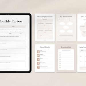 May include: A digital planner with a monthly review page, a page for managing emotions, a page for listing smart goals, a page for listing problems, a page for listing dream team members, a page for listing weaknesses, and a page for listing goals for the year.
