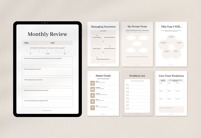 May include: A digital planner with a monthly review page, a page for managing emotions, a page for listing smart goals, a page for listing problems, a page for listing dream team members, a page for listing weaknesses, and a page for listing goals for the year.