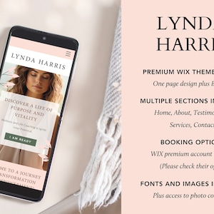 Pode incluir: Uma maquete de tela de telefone m&oacute;vel exibindo o design de um site para um coach de vida chamado Lynda Harris. O site apresenta um esquema de cores rosa e branco com uma foto de uma mulher e o texto "Discover a life of purpose and vitality".