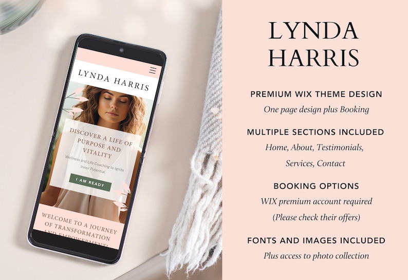 Pode incluir: Uma maquete de tela de telefone m&oacute;vel exibindo o design de um site para um coach de vida chamado Lynda Harris. O site apresenta um esquema de cores rosa e branco com uma foto de uma mulher e o texto "Discover a life of purpose and vitality".