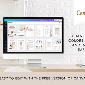 May include: A computer screen displaying a Canva design template for a new client welcome packet. The template includes sections for "Contents", "Introduction", and "Welcome". The text on the screen reads "New Client Welcome Packet - Canva Design".
