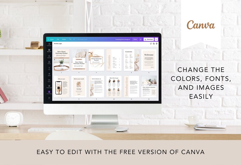 May include: A computer screen displaying a Canva design template for a new client welcome packet. The template includes sections for "Contents", "Introduction", and "Welcome". The text on the screen reads "New Client Welcome Packet - Canva Design".