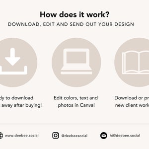 May include: A graphic showing how to download, edit, and send out a design. The graphic shows a download icon, a laptop, and an open book. The text says "Ready to download straight away after buying!" "Edit colors, text and photos in Canva!" and "Download or print your new client worksheets!"