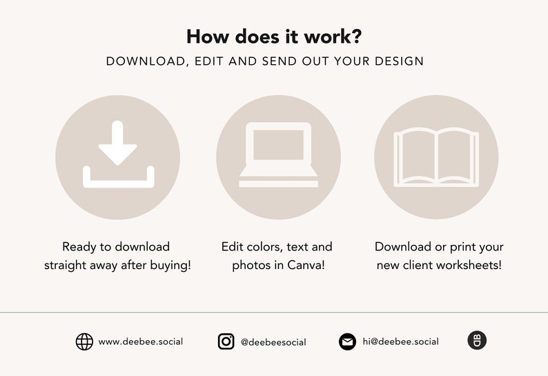May include: A graphic showing how to download, edit, and send out a design. The graphic shows a download icon, a laptop, and an open book. The text says "Ready to download straight away after buying!" "Edit colors, text and photos in Canva!" and "Download or print your new client worksheets!"