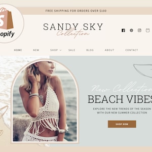 May include: A website homepage for a clothing store called "Sandy Sky Collection". The homepage features a woman wearing a white crochet top and a beach background. The text "New Collection Beach Vibes" is displayed in a large font. The text "Explore the new trends of the season with our new summer collection" is displayed below the main text. A button that says "Shop Now" is displayed below the text.