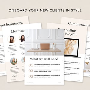 May include: A set of onboarding documents for new clients. The documents include sections titled "Client Homework", "Meet the Team", "What We Will Need", and "Communication". The documents feature a minimalist design with a beige background and black text.