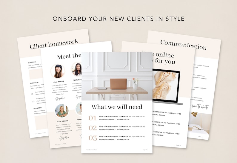 May include: A set of onboarding documents for new clients. The documents include sections titled "Client Homework", "Meet the Team", "What We Will Need", and "Communication". The documents feature a minimalist design with a beige background and black text.